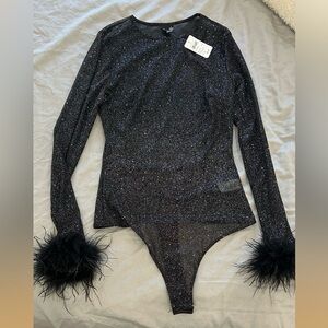 Windsor Black Glitter Bodysuit with Feather Accents